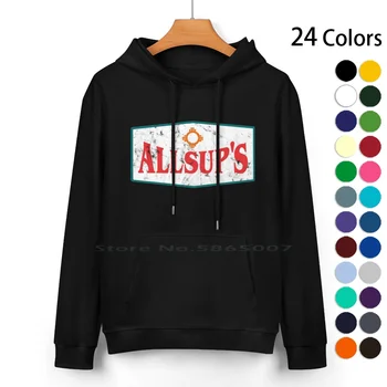 Изтъркан лого Allsup, пуловер с качулка от чист памук, 24 цветове, Allsups New Mexico Santa Fe Albuquerque, Мизерна реколта, 100% 0