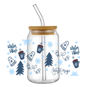 Коледна UV-Преводна Стикер DTF За 16 унции Libbey Glasses Wraps Bottles Cup Can САМ Водоустойчив лесен За Използване Потребителски Етикети 5
