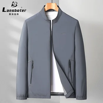 Lansboter Тъмно сива пролет-есен нова яке за Мъже с яка-часова, тънък джоб с цип, ежедневното палто за средна възраст