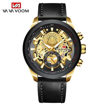 Модни Златни мъжки часовник Луксозна марка с кухи циферблат, Водоустойчиви мъжки часовници, Ежедневни Спортни Кожени Кварцови часовници, светещи 2023 г.