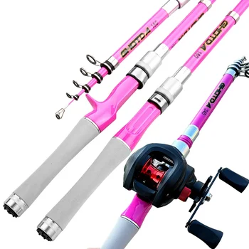 Телескопичен Прът за Начинаещи и Предене / Кастинговая Риболовна Макара Combo Pink Fish Tackle 1,5 м 1,8 м на 2,1 м 2,4 м Прът От Въглеродни Влакна 0