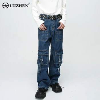 LUZHEN Стилни и Елегантни мъжки ежедневни дънки с много джобове, оригинални широки дънкови панталони, Модерни 2023, Широки, Високо качество 3c44fa