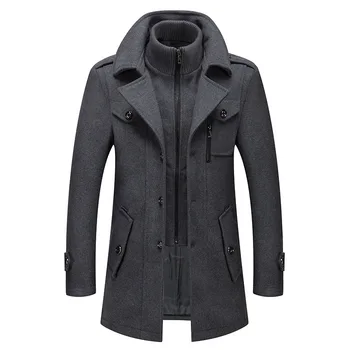 Есенно-зимно мъжко вълна палто в бизнес стил, Модерно мъжко вълна палто от студена Твида с двойна яка, дълга вълнена яке за мъже