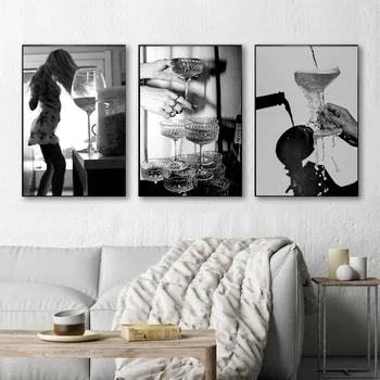 Жена, пиенето на вино, плакати, черно-бяло и Шампанско, живопис върху платно, модерна стенни модел за декор за домашен клуб, бар 1