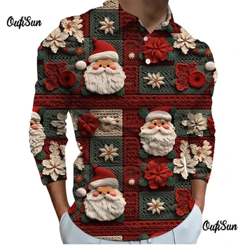 Коледа риза с къси ръкави, с модерна мъжка риза с къси ръкави с 3D принтом Дядо Коледа, есенни блузи с реалистични модели и дълъг ръкав, мъжки дрехи
