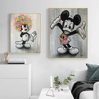 Черно-бял Мики Маус, цветен плакат с графити, стенни изкуството на Дисни, платно, живопис, графика за домашен интериор, картината на Куадрос