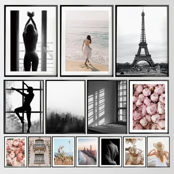 Плажни Момиче Парижката Кула Цветен Пейзаж Плакати на Скандинавскую Тема и Щампи Стенно Изкуство Платно за Боядисване на Стенни Картини за вашия интериор Дневна