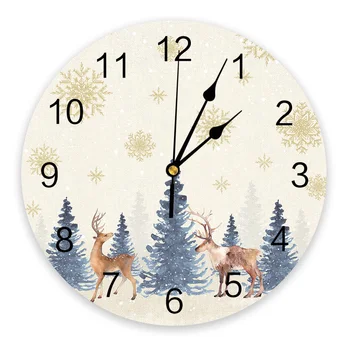 Коледни кръгли стенен часовник във формата на снежинки и Лосове Модерен дизайн на Кухненски Висящи часовници Начало декор Безшумни стенни часовници