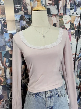 Скъпа лейси лоскутная тънка тениска с дълъг ръкав, женски съкратен топ с кръгло деколте, есенни ежедневни прости розови основни тениски
