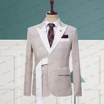 Лято 2023, Нов Висококачествен мъжки моден бизнес комплект от лен цвят Каки, Официална Сватба Джентълменско сако от костюм, палто