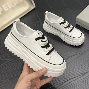 Бели обувки с дебела подметка, Дамски кожени обувки, Есен 2023, Нов стил, Модни маратонки Голям размер на равна подметка, Дамски обувки