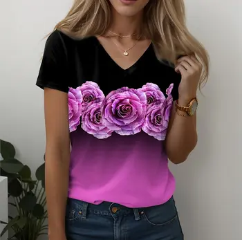 Нова тениска с рози, дамски блузи с V-образно деколте и 3D цветен принтом, лятна тениска, женски красиви блузи, дамски дрехи в разговорния стил