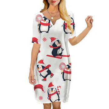 Ново женствена рокля CLOOCL с хубав коледен дизайн във формата на пингвин, ежедневна рокля с 3D-принтом, V-образно деколте, къс ръкав, дължина до коляното, вечерна рокля