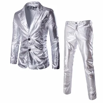 Костюм с брилянтен метално покритие, блейзър, добър луксозен брендовый костюм от 2 теми (яке + панталон Костюми за нощен клуб на Хелоуин по поръчка Homme Silver