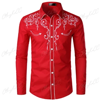 Западните каубойски ризи с бродерия Мъжки ежедневни Ризи за партита Slim Fit С дълъг ръкав Стилен мъжки дрехи Camisetas Средновековна риза