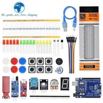 Стартов комплект за макетной платка Arduino Uno R3 Basic simple обучение kit, определянето на звука/ на нивото на водата/влажност/разстояния, led управление