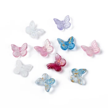 10 бр. Прозрачни стъклени висулки-пеперуди, в два цвята пръски боя за бижута, смесен цвят на 9,5x11x3 мм, отвор 0,8 мм
