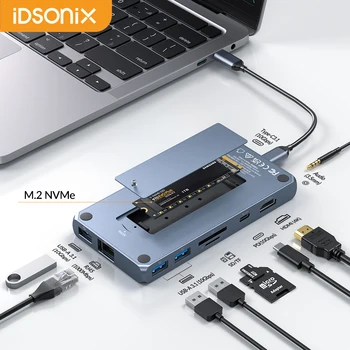 Докинг станция IDSONIX USB C с Външния корпус M. 2 NVMe SSD Type C 3.1 Хъб с Разширение HDMI 4K PD 100W RJ-45 SD/TF за PC