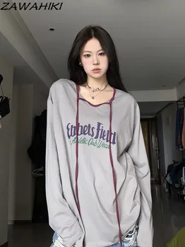 Новост корейската мода ZAWAHIKI, свободна тениска с дълъг ръкав и писмото принтом, ежедневни американската градинска облекло Y2K, дамски дрехи.