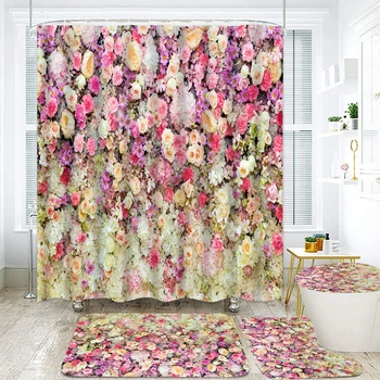 3D Завеси за душ с куки, цветя, рози, водоустойчив плат, завеса за баня, нескользящий килим, килимче за баня, с Подложка за тоалетна