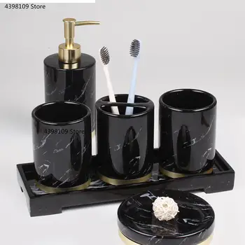 Керамични Аксесоари за баня с Шарка Черен Мрамор / Аксесоари за баня с Опаковка Притежател на Четка за зъби Тава За Сапун