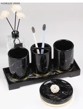 Керамични Аксесоари за баня с Шарка Черен Мрамор / Аксесоари за баня с Опаковка Притежател на Четка за зъби Тава За Сапун 1