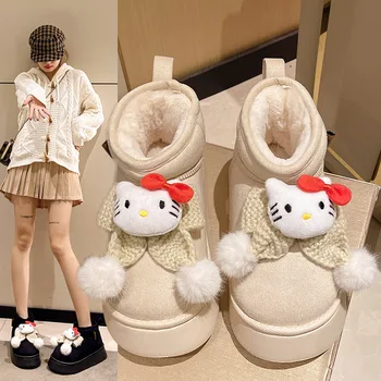 Ботуши Sanrio Hello Kitty от аниме Y2K, Зимни нови сладки женски кадифе изолирана зимни обувки, дамски однотонная памучен обувки