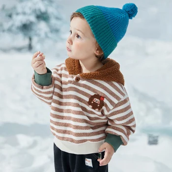 Зимна Нов Вязаный Плюшено Топъл пуловер с качулка в райе с контрастни акценти за момчета и Момичета