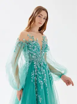 Красива рокля за бала от тюл трапецовидна форма с аппликацией от кристал, вечерна рокля в ретро стил с пищни ръкави, прости рокли 2