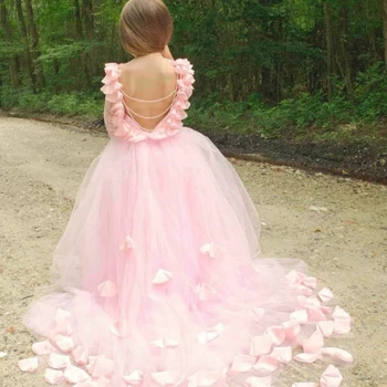 Дантелени рокли с цветя модел за момичета, Елегантни рокли за деца, Тюлевый Яка-сърце Асиметрична дължина, Детски рожден Ден 1