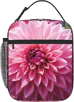 Цвете Розов далии с цветя модел, изолирано чанта за обяд, Фланец за охладител за многократна употреба Портативен ланчбокс за пикник, работа, офис