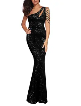 Луксозна Черна бродирани мъниста Русалка с едно рамо, по-големи размери, пискюли по ръкавите, пайети, Вечерни рокли за жени, Коктейл вечерна рокля за партита