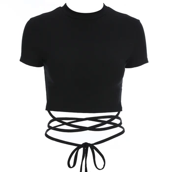 Женска тениска Y2K с отворен гръб, сексуална бандажные съкратен блузи, лятна риза в стил Y2k, дамски дрехи 2023 г., Черна, 2023 5