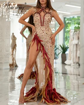 Елегантни вечерни рокли с цепки от пера, висша мода, расшитое перли и кристали Вечерна рокля, Арабско Дубайское един коктейл рокля Emboridery за бала