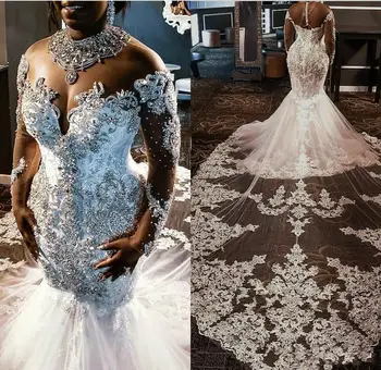 Големи размери за Сватбени рокли в стил Африка Русалка С Прозрачен Скъпоценния камък на врата и дълги ръкави, Луксозни камъни, Кружевными апликации, Сватба рокля