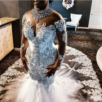 Големи размери за Сватбени рокли в стил Африка Русалка С Прозрачен Скъпоценния камък на врата и дълги ръкави, Луксозни камъни, Кружевными апликации, Сватба рокля 1