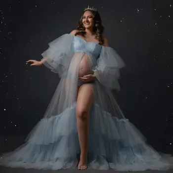 Иллюзионное прозрачна рокля за бременни, за фотосесия с открити рамене и цепка отпред, на няколко Нива, рокли за фотосесии на бременни, в стил Babyshower
