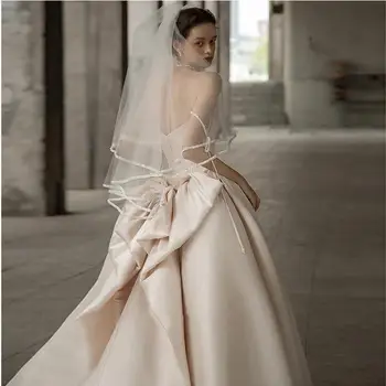 Реколта сатен сватбени рокли за спагети презрамки 2023, Модерно Изискана рокля за бала без ръкави С лък, апликации, Vestidos De Новия