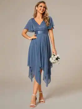 Елегантни вечерни рокли с асиметрични подолом, с висока талия, къси ръкави с дължина до коляното, 2024 г., Трапециевидное Пыльное тъмно синя рокля на шаферка