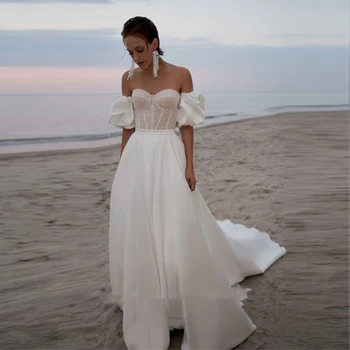Плажна Атласное Сватбена рокля 2023, Елегантна Рокля Трапецовидна форма с къс ръкав и отворен гръб, Расшитое мъниста Сватбена рокля Vestido De Новия