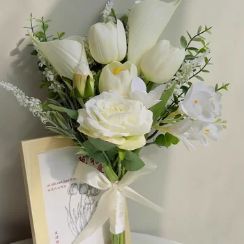 Бели булчински букет от Ръчно изработени от изкуствени цветя Лале Кала Сватбен букет на булката за сватбени декорации