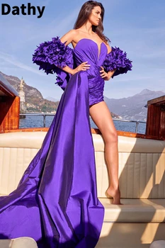 Dathy Секси Лилава Вечерна рокля с Дълбоко V-образно деколте, Свалящ се Плиссированная Къса пола с 3D Цветен Модел, Секси Вечерна рокля 2023