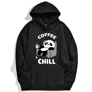 Hoody с качулка Kawaii Panda, пиенето на кафе, забавен пуловер с логото на животното, мъжки ретро-hoody, Мъжки удобни улични блузи, мъжки