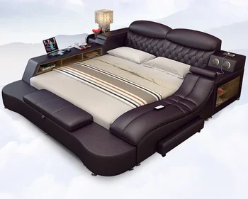 Умен Многофункционален рамка на легло от естествена кожа, Bluetooth-високоговорител и масажор Ultimate Soft Lit Tatami Camas