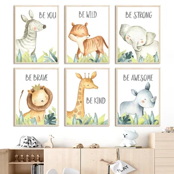 Детска Зебра Тигър, Слон, Лъв, Жираф Плакати и щампи в скандинавски стил за детска стая, рисунки върху платно, картини за декор на детска стая