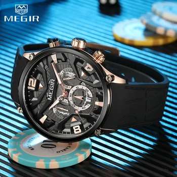 Мъжки часовник MEGIR 2222 с луксозен силиконов каишка, бизнес кварцови часовници за мъже, висок клас марка, водоустойчив армейските спортни ръчни часовници