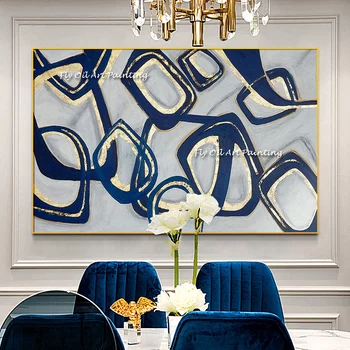 100% Ръчно рисувани, модерен абстрактен Blue marble кръг, платно, стенни картини за хол, офис, интериор у дома, Без рамка