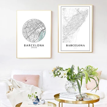 Карта на Барселона на Печат Черно-Бял Плакат Изкуство на Барселона, Каталуния Платно Картина Испания Подарък Пътник за Декора на стените в спалнята