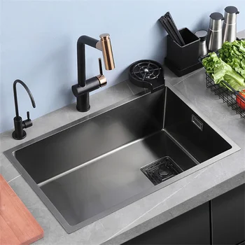 Черни кухненски мивки Nano от неръждаема стомана 304, мивка в японски стил, Голяма однощелевая вградена мивка за зеленчуци под мивката-часова