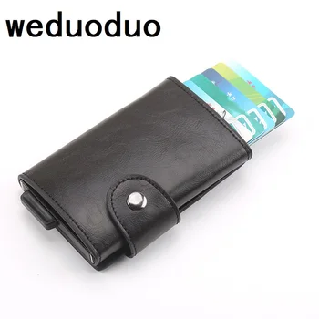 Weduoduo Нов Притежател на кредитна карта с RFID заключване, Мъжки Алуминиев Метален Държач за бизнес-идентификация, Модерен Тънък Мини портфейл от изкуствена кожа.